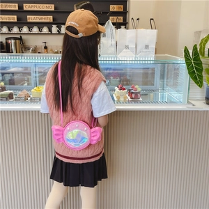 Pink candy-shaped kids crossbody bag with shiny laser shell and pearl details