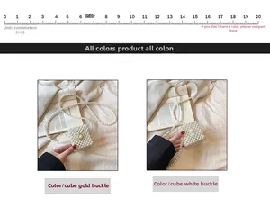 Detail of mini pearl beaded cube bags for girls with gold and white clasp options