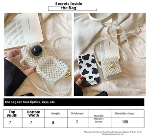 Detailed size chart for handmade pearl mini bag showing dimensions and crossbody strap length
