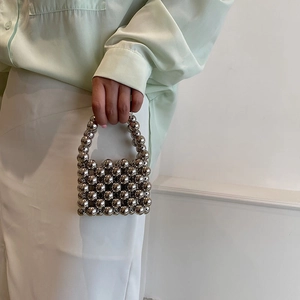 Mini silver beaded handbag with pearl handle for girls, trendy metallic square small purse
