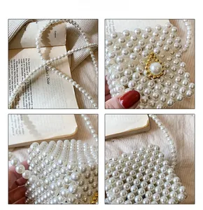 Detailed views of girls' cream white mini pearl crossbody bag with beaded chain strap
