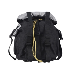 Children's lightweight black canvas backpack with grey drawstring and functional straps