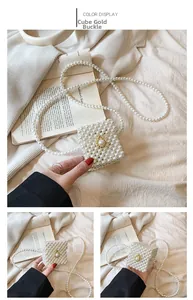 Detail of girls' cream pearl woven mini cube crossbody bag with gold metallic clasp