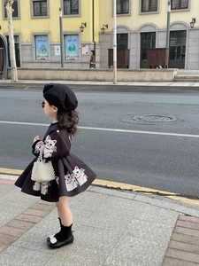 Girl's black puff sleeve lucky cat dress with beret and pearl handbag set