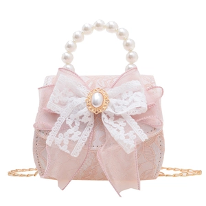 Sac à main rose en dentelle pour fille avec nœud, poignée en perles et chaîne
