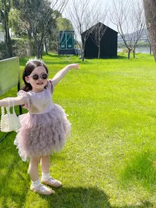 Pink layered mesh puffy dress for girls with satin bodice and cute tiered tulle skirt