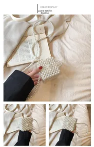 Detailed view of girls' white pearl beaded cube mini bag with long crossbody strap
