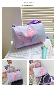 Detail showing the purple mermaid pattern canvas shoulder bag with zipper closure for kids