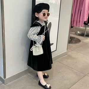 Kids black velvet dress set with grey turtleneck and white pearl woven crossbody bag