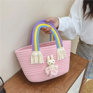 Kids Cotton Rope Woven Handbag Rainbow Handle Tassel Rabbit Doll Decor Cute Fashion Tote Shoulder Bag For Girls Toddler