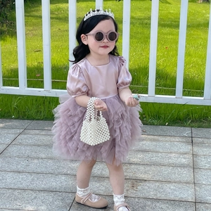 Pink princess dress set for girls with pearl handbag, silver crown and chic sunglasses