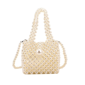 Mini girls handmade woven pearl handbag with top handle and crossbody chain strap