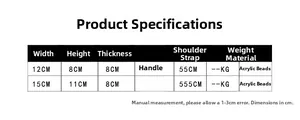 Size chart showing dimensions for children acrylic pearl handmade crossbody handbags