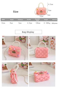 Size chart showing 12x9x5cm dimensions for pink silicone mini bag with pearl handle