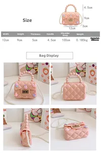 Tabella taglie 12x9x5cm per mini borsa in silicone rosa con manico in perle