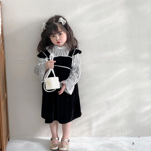 Girls fashion velvet dress and ruffled shirt set with pearl chain shoulder bag