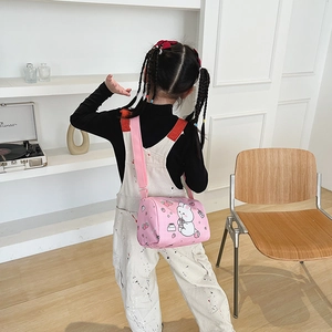 Cute pink cylindrical canvas crossbody bag with cartoon bunny and strawberry for girls