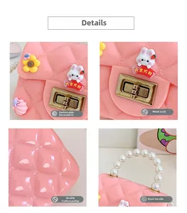 Detailed views of pink silicone girls' bag with pearl handle and cute rabbit charms