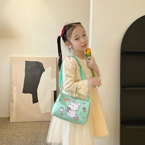 Cute mint green canvas rabbit crossbody bag for girls with strawberry milk tea pattern