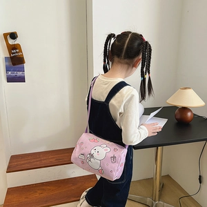 Cute pink rabbit canvas cylinder bag for girls with adjustable strap for casual travel