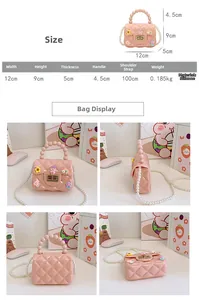 Size guide for girls' pink silicone handbag with pearl handle and cartoon charms