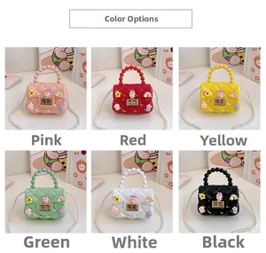 Grid view of kids jelly handbags in pink, red, yellow, green, white and black colors