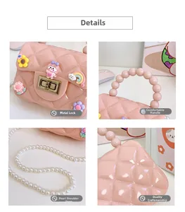Detail shots of pink jelly bag with pearl handle, gold lock and cute cartoon charms