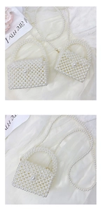 Close-up of white woven pearl handbags in two sizes with elegant beaded strap detail