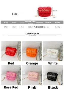 Size chart showing 14x10x6cm dimensions and color options for girl's PU chain bag