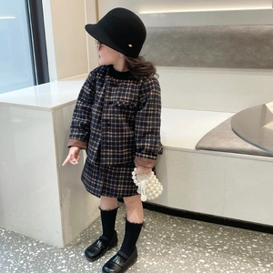 Fashionable girls plaid suit with jacket, skirt, beret, and pearl bucket bag