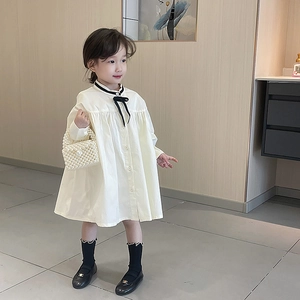Girl's elegant ivory long sleeve princess dress with black bow and pearl handbag