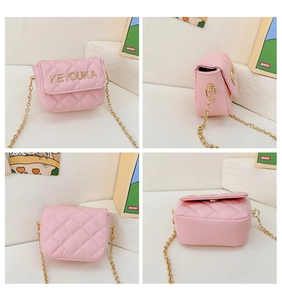 Detailed views of the pink quilted mini chain bag with gold brand lettering and hardware
