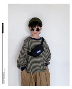Toddler street style featuring black nylon chest bag with blue label and knit beanie