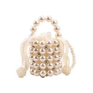 Handmade pearl bucket bag for girls with drawstring satin lining and crossbody chain