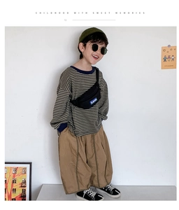 Detail of kids black zip waist bag with blue Lzm logo on a trendy boy outfit