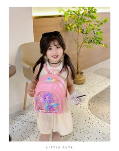 Close-up of pink mermaid toddler backpack with glitter crown and sequin detail