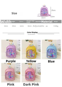 Size chart for cute PU toddler backpack featuring dimensions and five available colors
