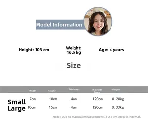 Size chart detail for girls woven bag showing small and large dimensions and model data