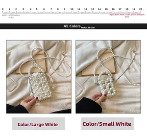 Detailed comparison of large and small white pearl beaded mini bags with drawstring liners