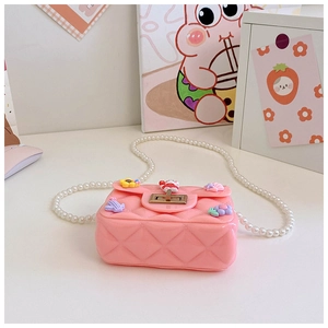 Pink jelly handbag with quilt texture, colorful 3D charms and white pearl bead strap