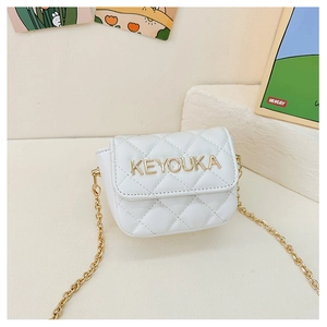 Detail of white quilted mini crossbody bag with gold chain and Keyouka metal logo