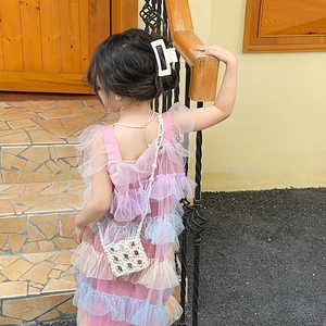 Girl's pink mesh tiered dress set with pearl crossbody bag and necklace for summer