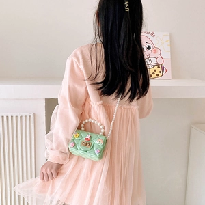 Girls mini mint green silicone crossbody bag with pearls and cute cartoon charms