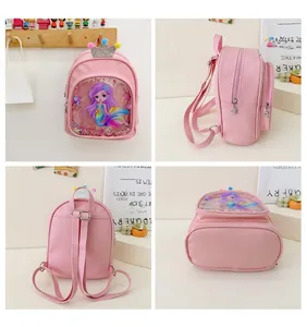 Detail view of pink mermaid backpack showing PU material with glitter crown and adjustable straps
