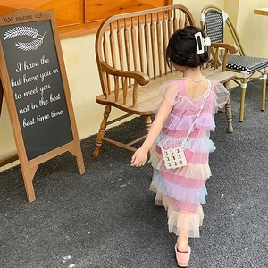 Girls summer pink tulle cake dress with colorful mesh layers and pearl woven bag