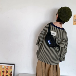Kids black canvas crossbody chest bag with LZm letter patch and adjustable strap