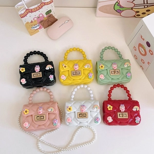 Mini Silicone Crossbody Bag Rhombic Pattern Cartoon Decor Faux Artificial Pearl Handle Cute Princess Shoulder Bag For Toddler Girls