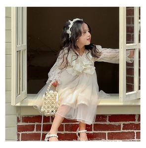 Detail of girls white lace dress with sheer puff sleeves and elegant pearl strap handbag