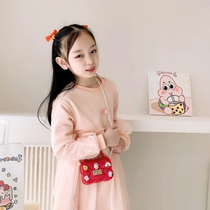 Cute red mini jelly bag for girls with cartoon charms and pearl handle strap