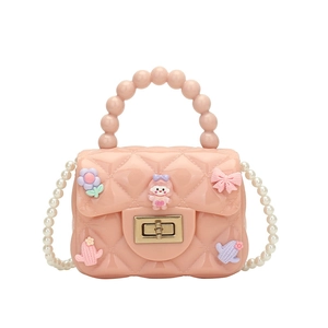 Mini borsa rosa in silicone per bambine con manico di perle e decorazioni 3D carine